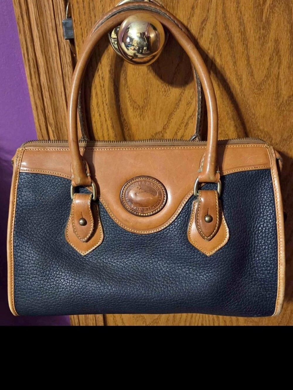 Dooney & Bourke Black Pebbled Leather Satchel with Tan Trim